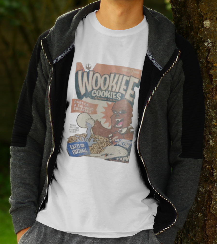 Wookiee Cookies Breakfast Cereal Eat It Up Fuzzball Free Millennium Falcon T-Shirt