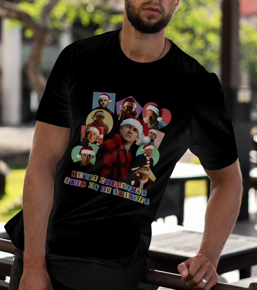 Merry Christmas Skin On Or Skin Off Santa Hat Collage T-Shirt