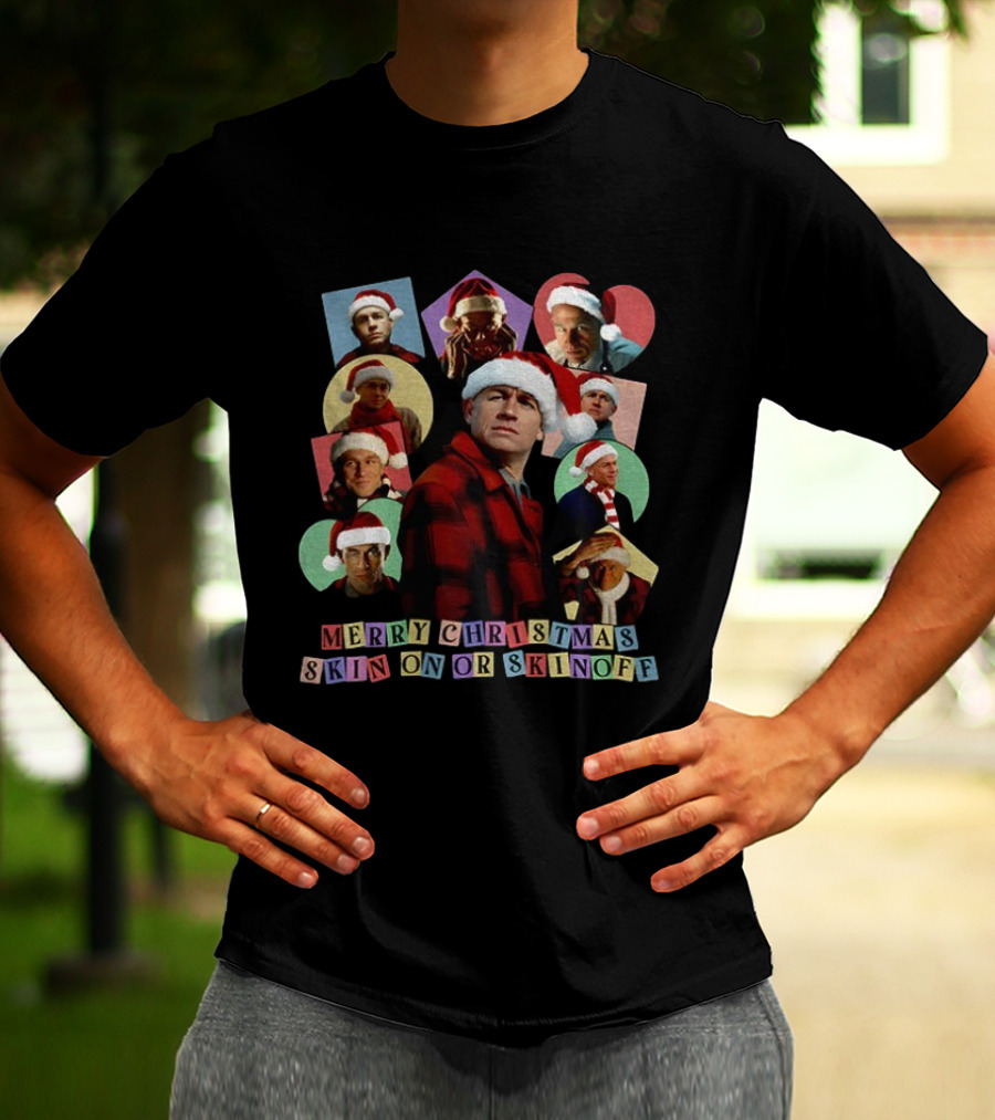 Merry Christmas Skin On Or Skin Off Santa Hat Collage T-Shirt