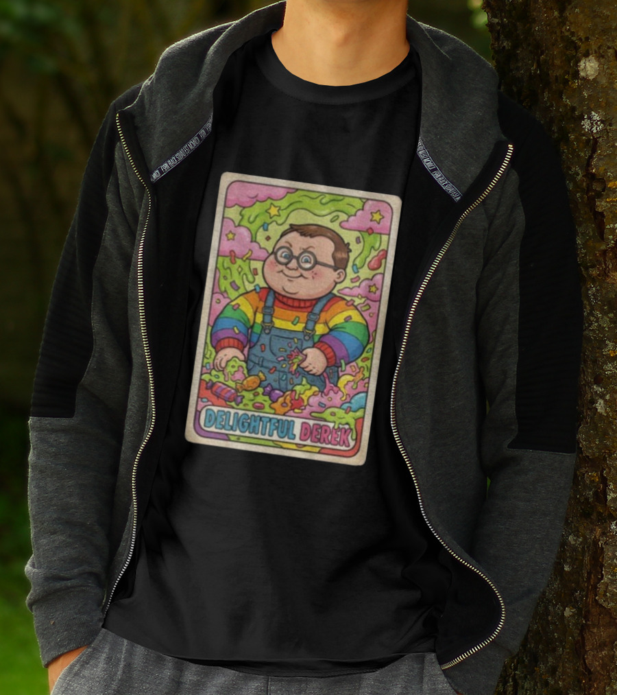 Delightful Derek Rainbow Cartoon Character In Vibrant 80s T-Shirt