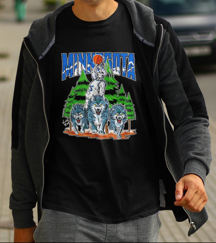 Minnesota Timberwolves Basketball Skeleton Wolves Forest Dunk T-Shirt