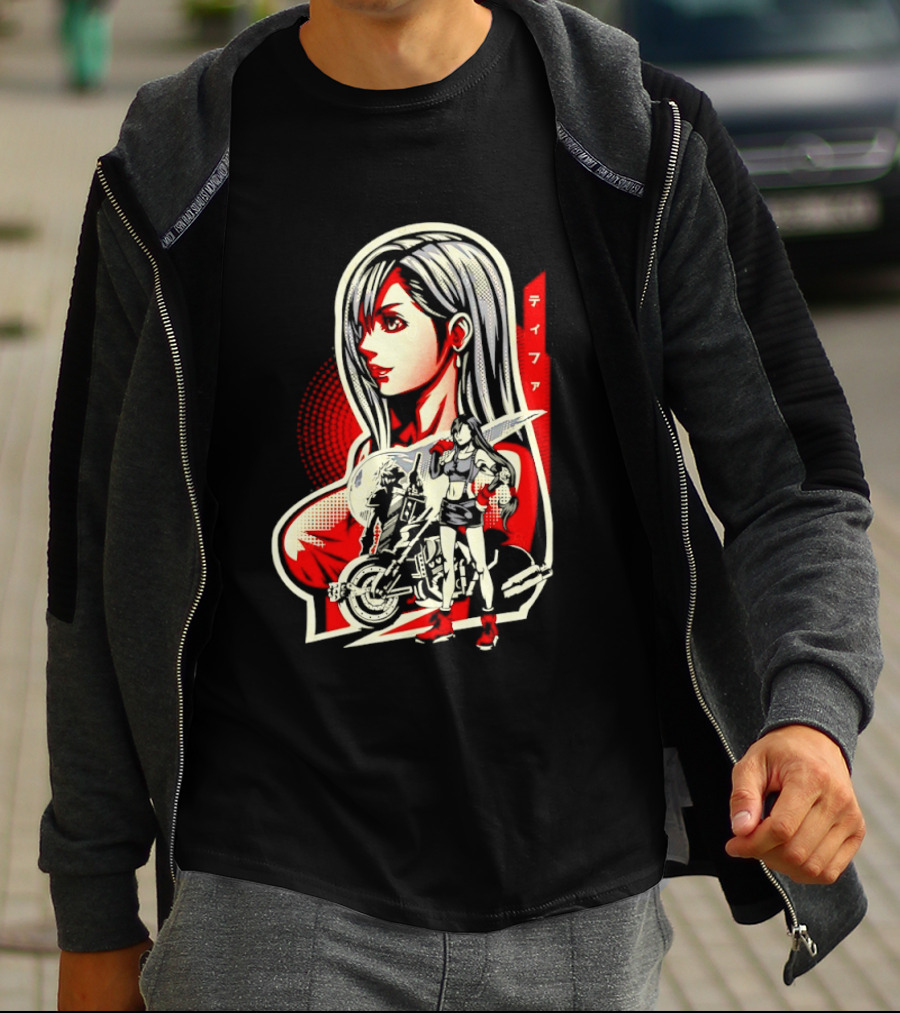 Tifa Lockhart Iconic Final Fantasy Character With Motorcycle And Katana T-Shirt