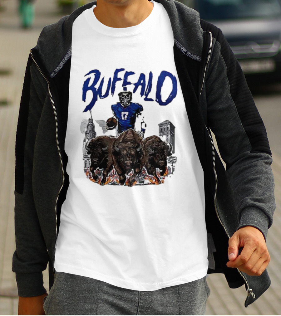 Buffalo Football Skeleton 17 With Charging Bison And City Skyline T-Shirt
