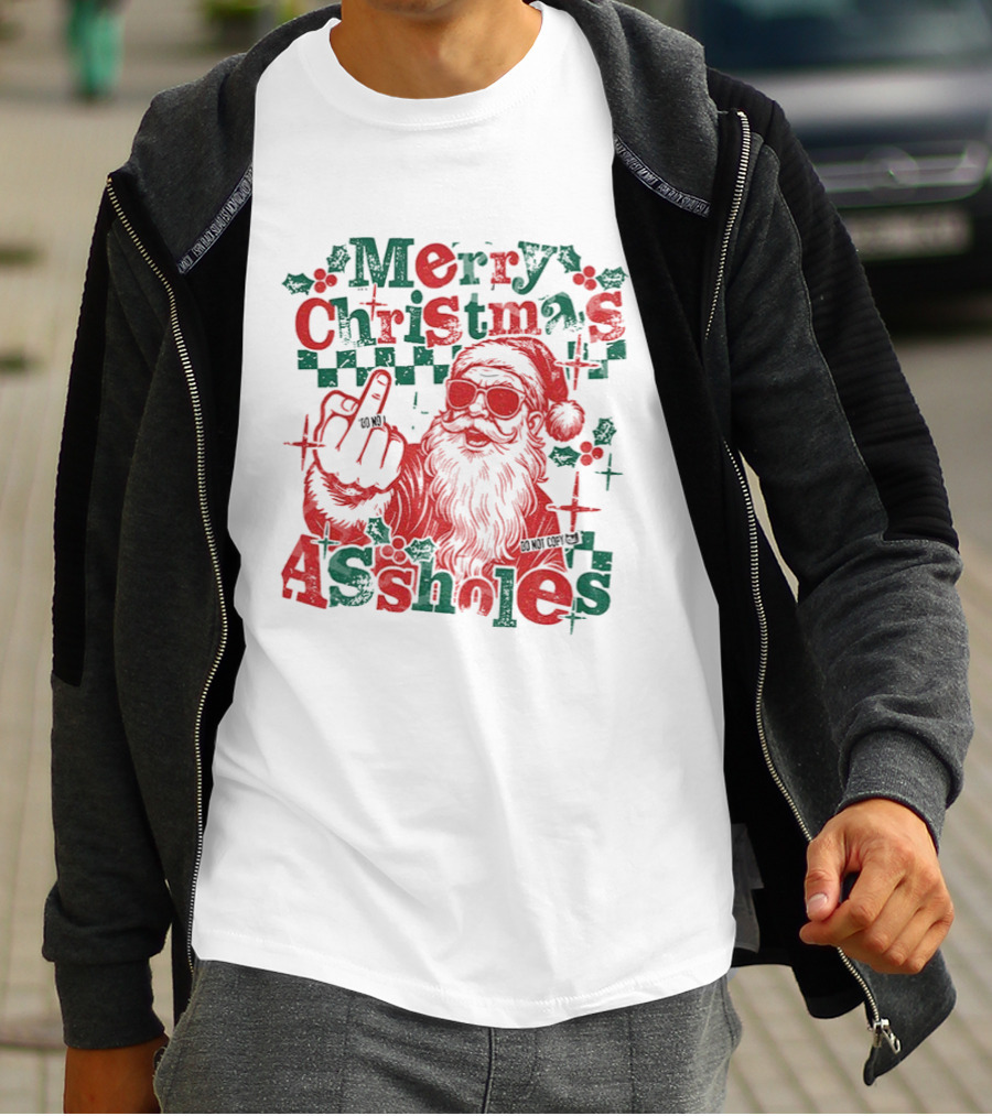 Merry Christmas Assholes Santa Claus Middle Finger Holiday Humor T-Shirt