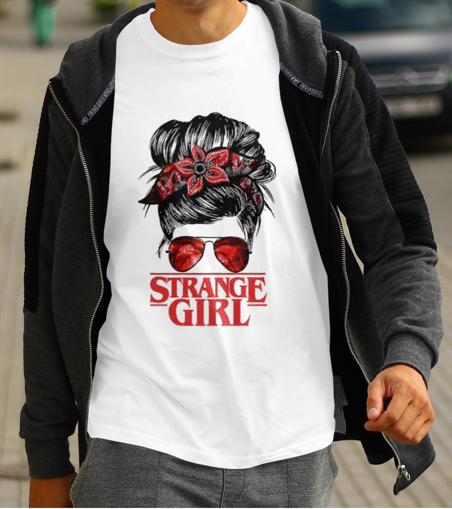 Strange Girl Red Floral Hair Scarf Messy Bun T-Shirt
