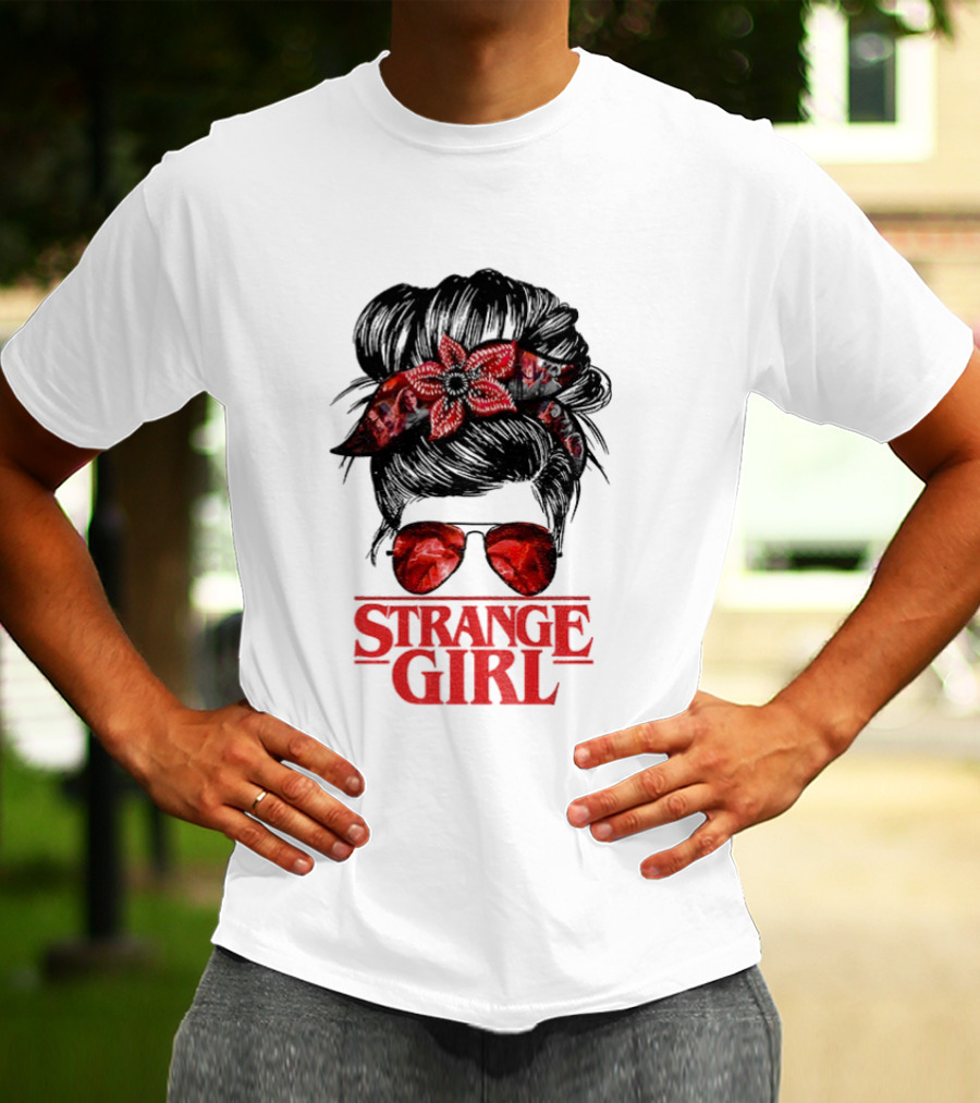 Strange Girl Red Floral Hair Scarf Messy Bun T-Shirt