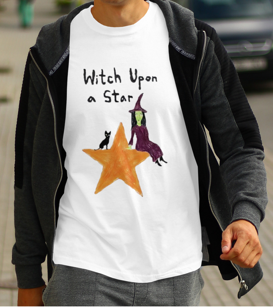 Witch Upon A Star Green Witch Purple Hat Orange Star Black Cat T-Shirt