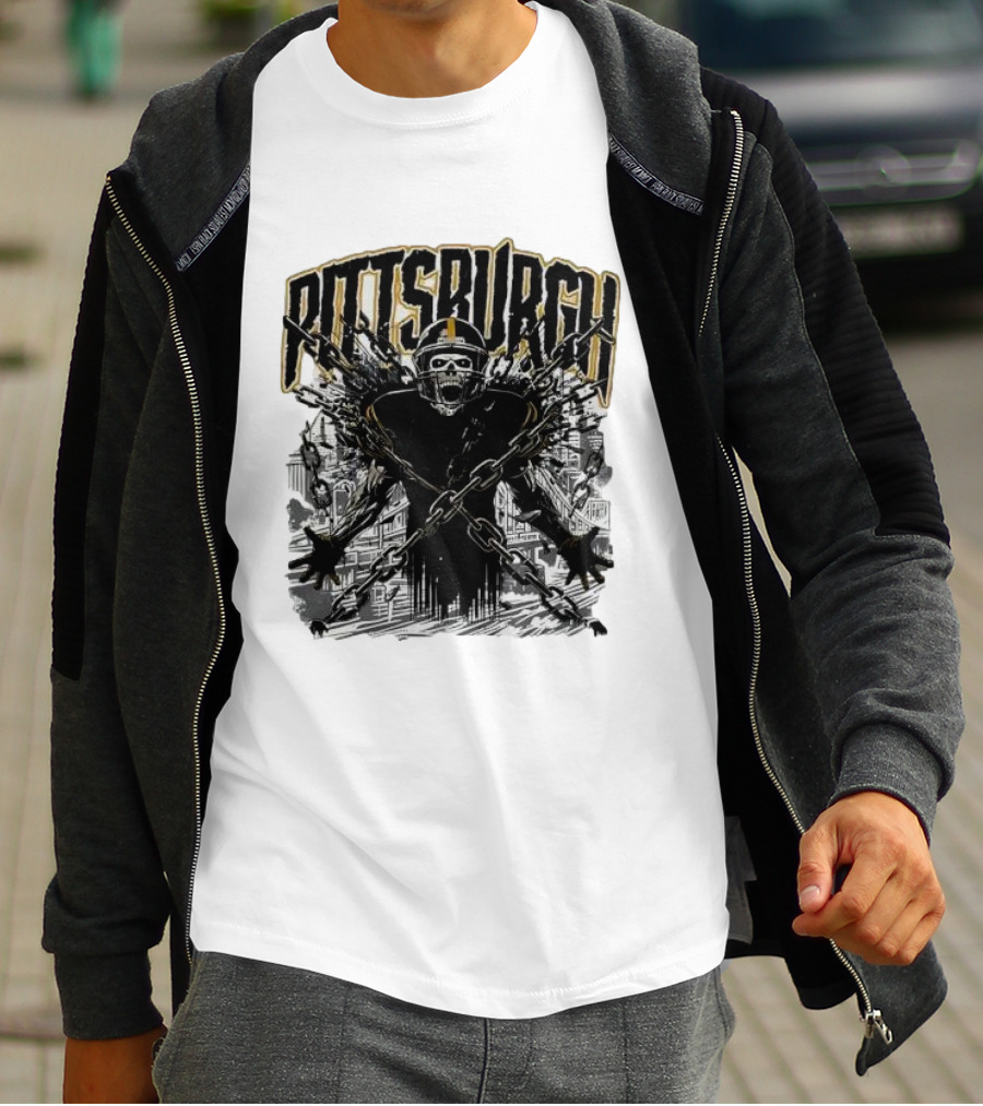 Pittsburgh Skeleton Breaking Chains Steel City Football T-Shirt