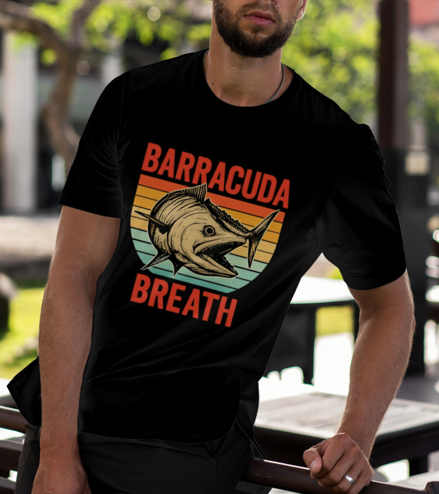 Barracuda Breath Funny Fishing Retro Vintage Stripes T-Shirt