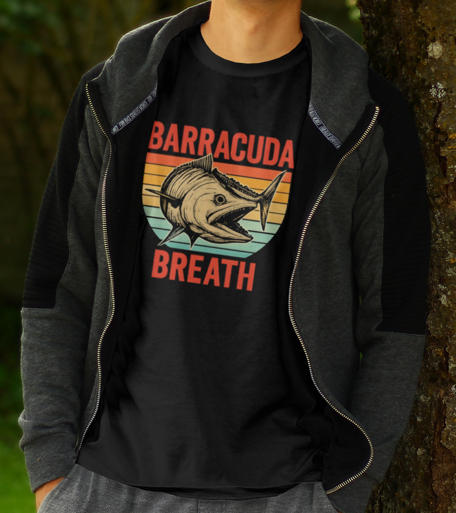 Barracuda Breath Funny Fishing Retro Vintage Stripes T-Shirt