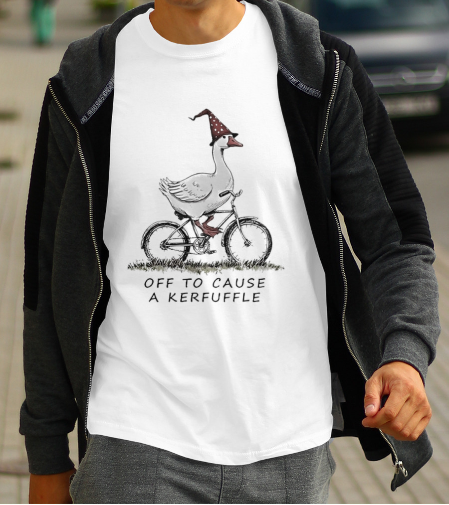 Goose Riding A Bicycle Witch Hat Causing A Kerfuffle Halloween Adventure T-Shirt