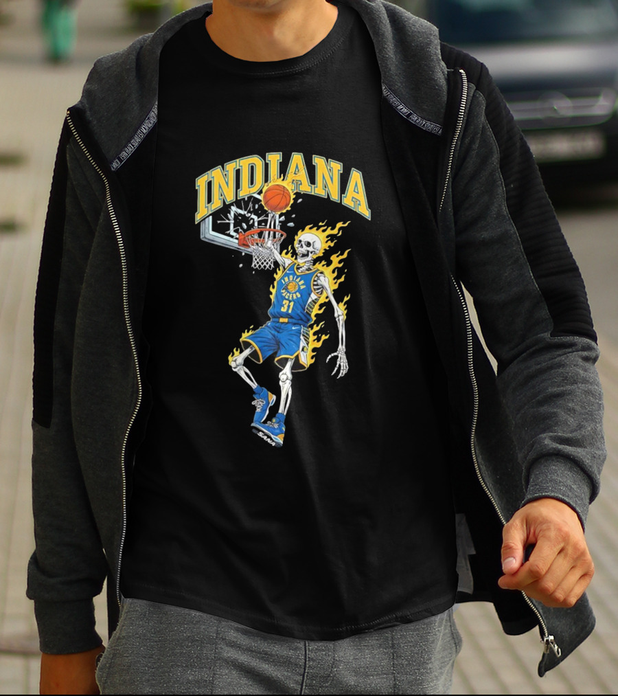 Indiana Pacers Skeleton Basketball Dunk In Flames T-Shirt
