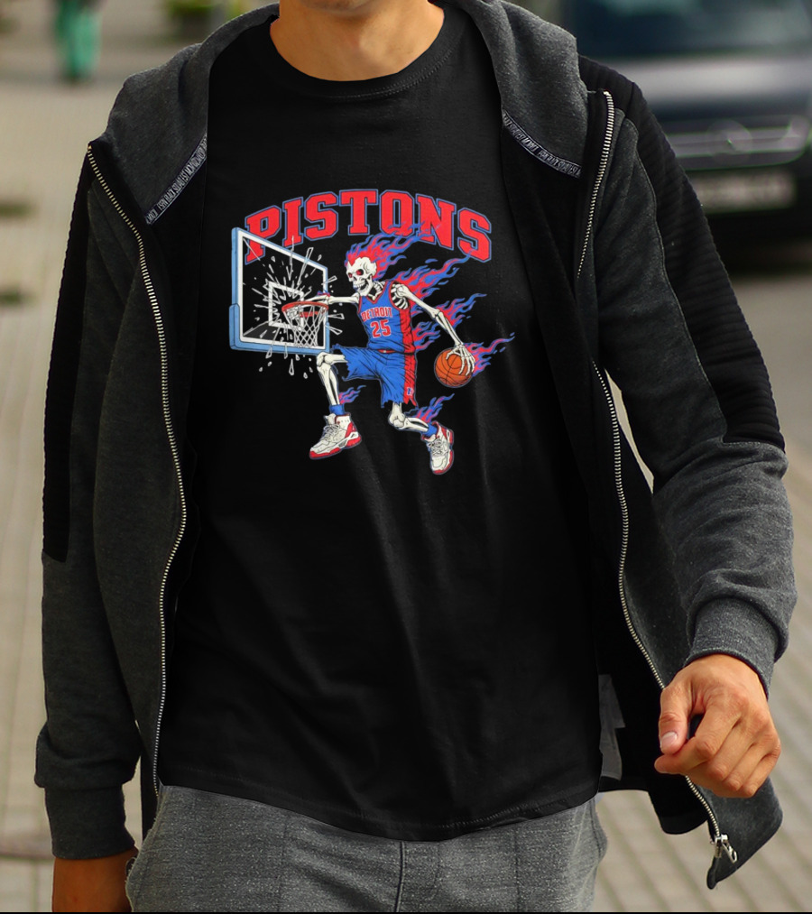 Detroit Pistons Skeleton Basketball Player With Flame Hair Dunking T-Shirt