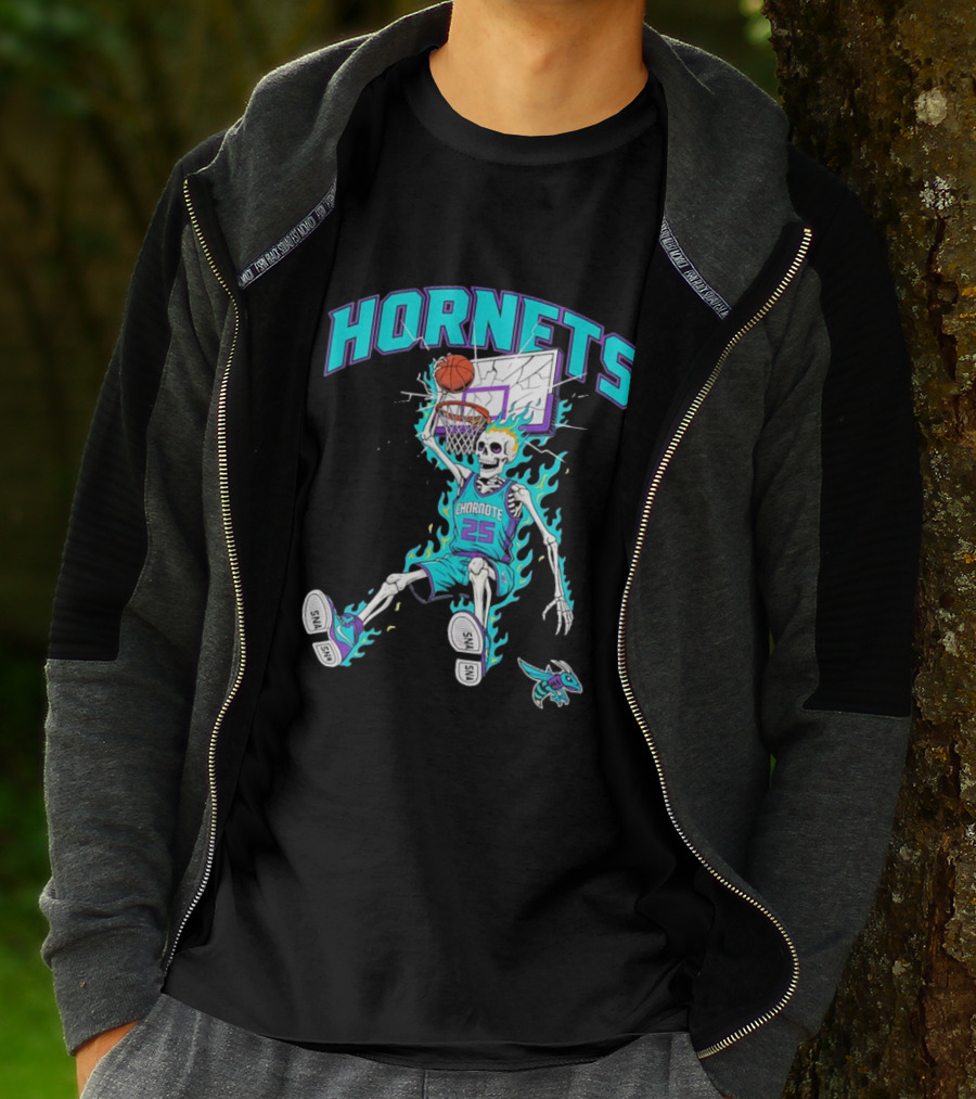 Charlotte Hornets Skeleton Dunking Basketball Retro Style Flame T-Shirt