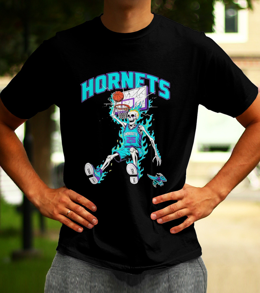 Charlotte Hornets Skeleton Dunking Basketball Retro Style Flame T-Shirt