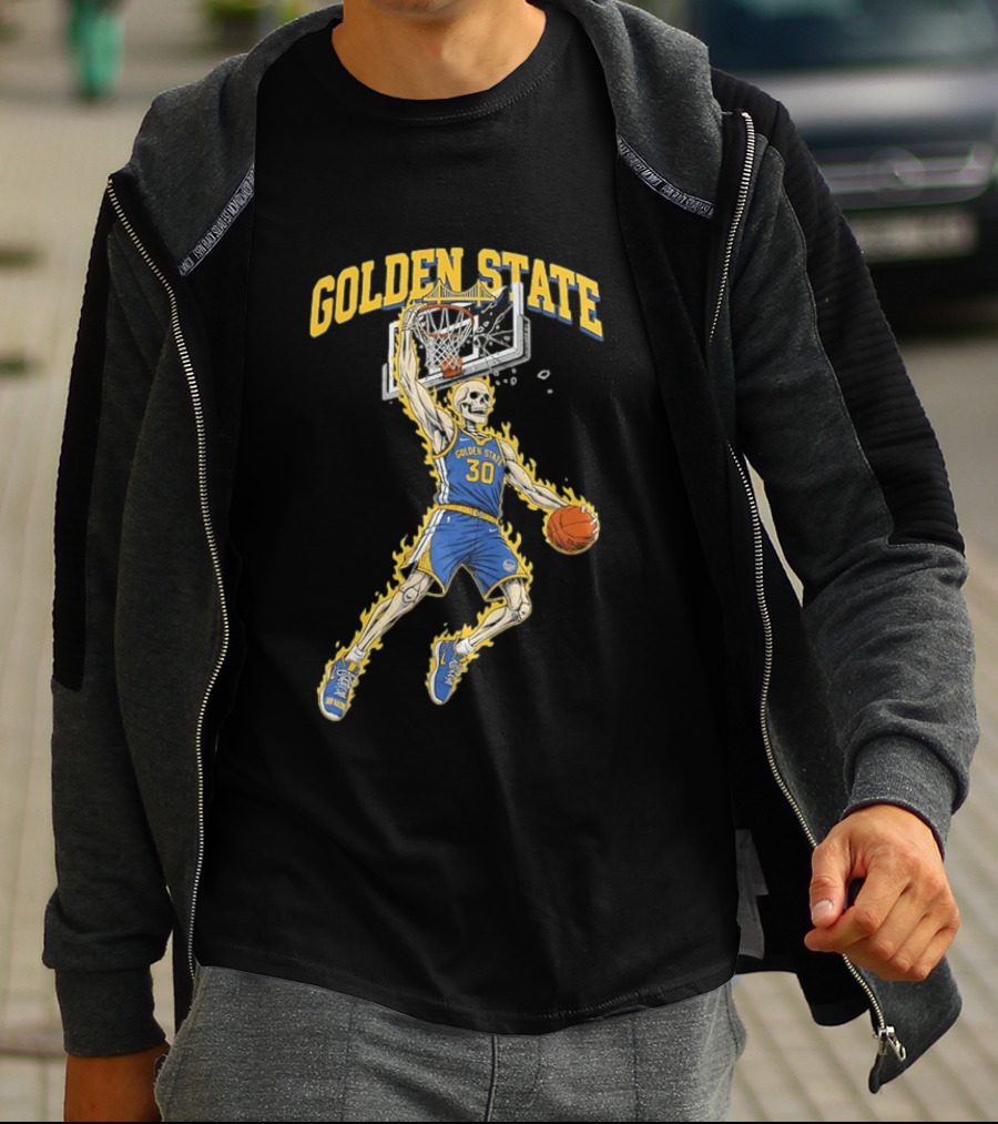Golden State Warriors Basketball Skeleton Player Slam Dunk Fire T-Shirt