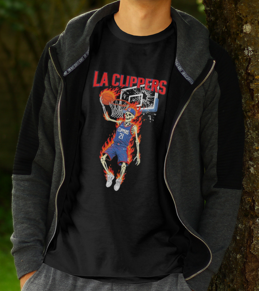 LA Clippers Basketball Skeleton Player On Fire Dunking T-Shirt