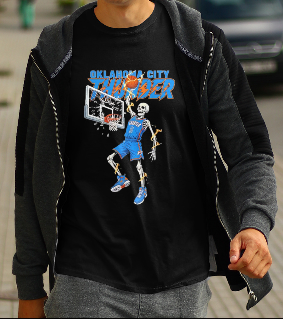 Oklahoma City Thunder Basketball Skeleton Dunking Fiery Hoops Player T-Shirt