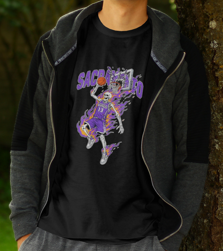 Sacramento Kings Skeleton Basketball Player Flames Sports Team T-Shirt