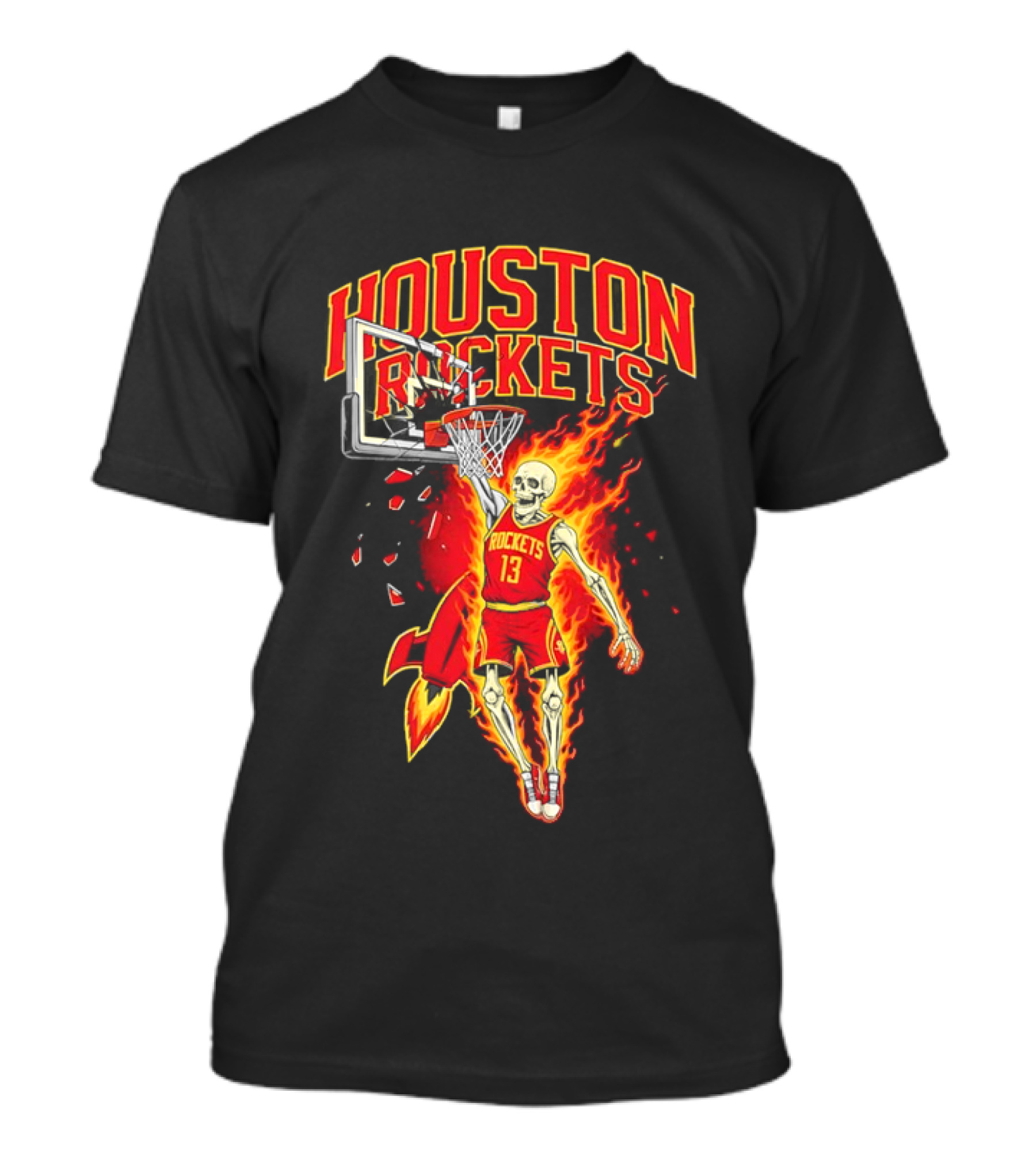 Houston Rockets Basketball Flaming Skeleton Player Dunking T-Shirt