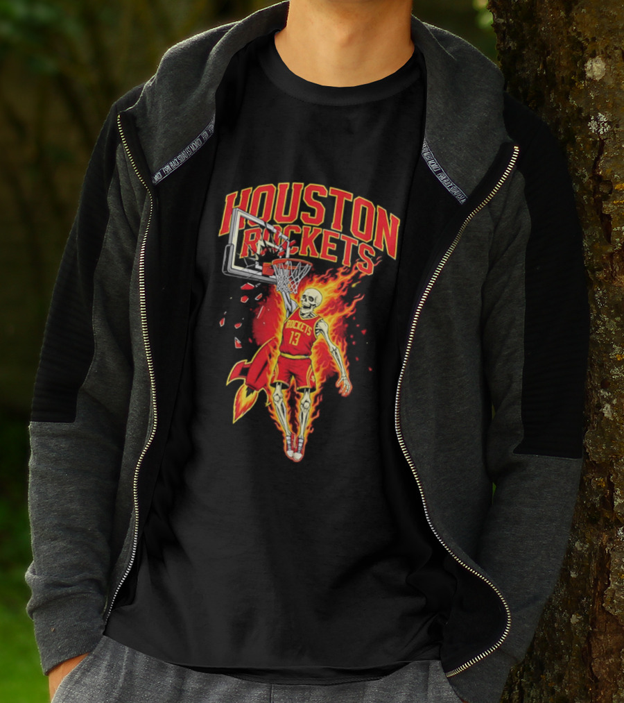 Houston Rockets Basketball Flaming Skeleton Player Dunking T-Shirt