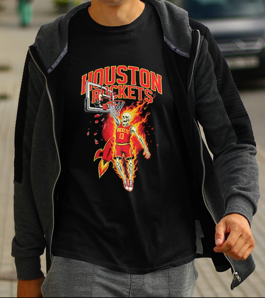 Houston Rockets Basketball Flaming Skeleton Player Dunking T-Shirt