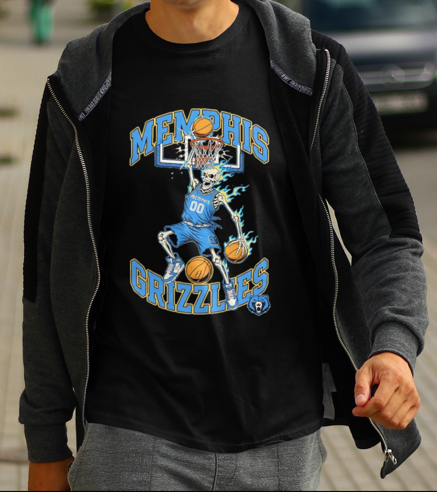 Memphis Grizzlies Basketball Skeleton Player Slam Dunking With Flames T-Shirt