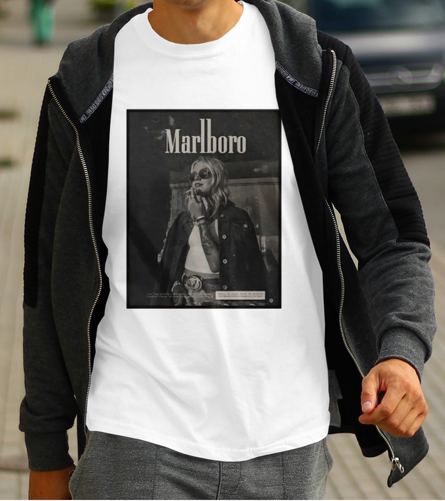 Marlboro Woman Smoking Retro Style Sunglasses Denim Jacket T-Shirt