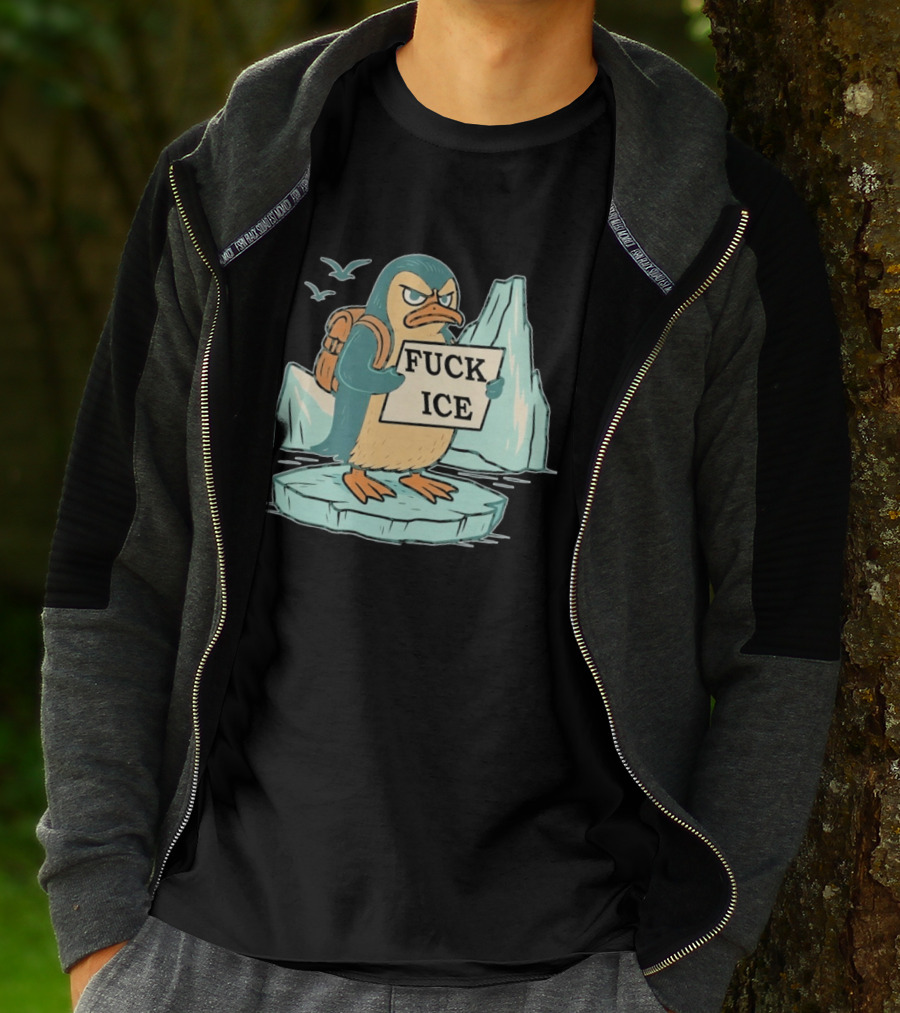 Angry Penguin Holding Sign On Iceberg With Birds In Background T-Shirt