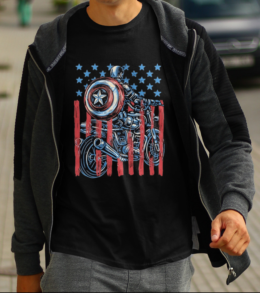 Captain America Motorcycle Ride With Shield And American Flag Stars And Stripes T-Shirt