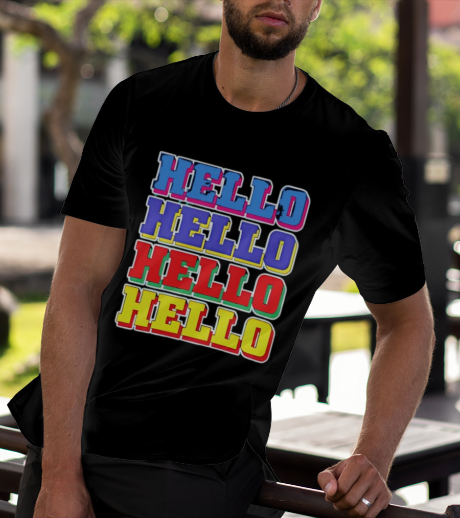 Hello Hello Hello Hello Blue Red Yellow Repeat Bold Pop T-Shirt