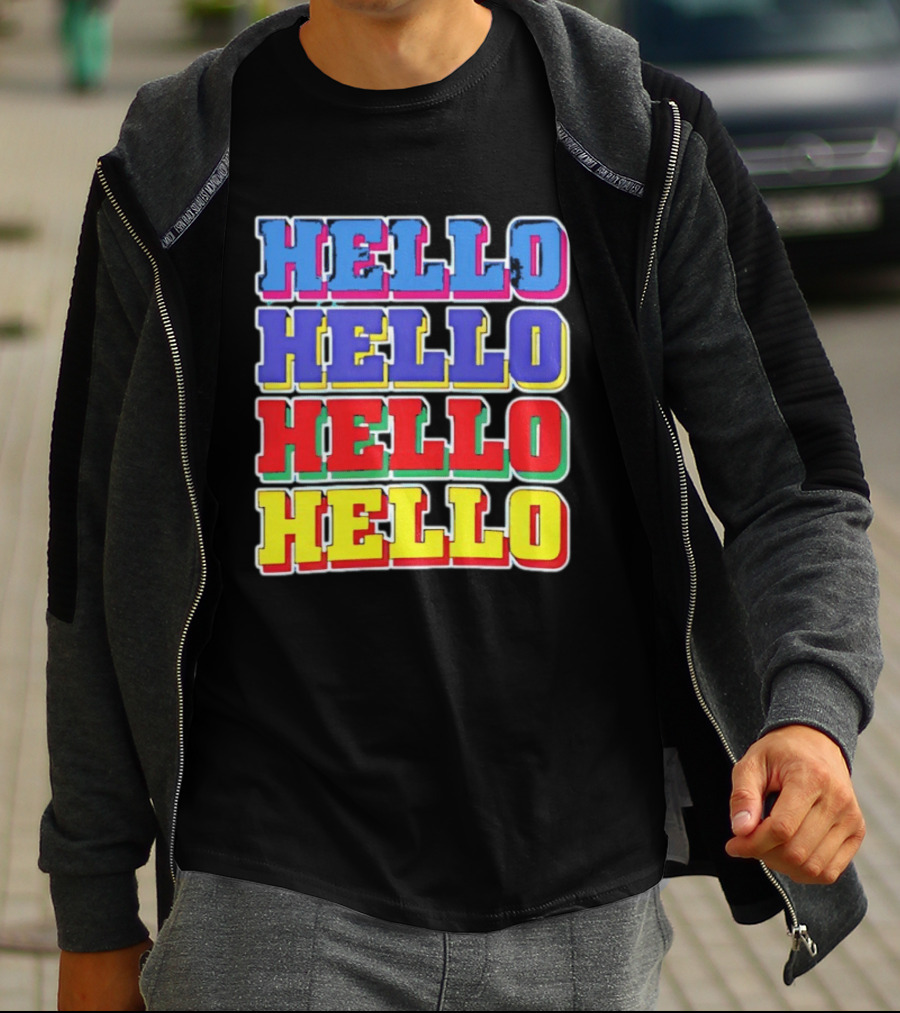 Hello Hello Hello Hello Blue Red Yellow Repeat Bold Pop T-Shirt