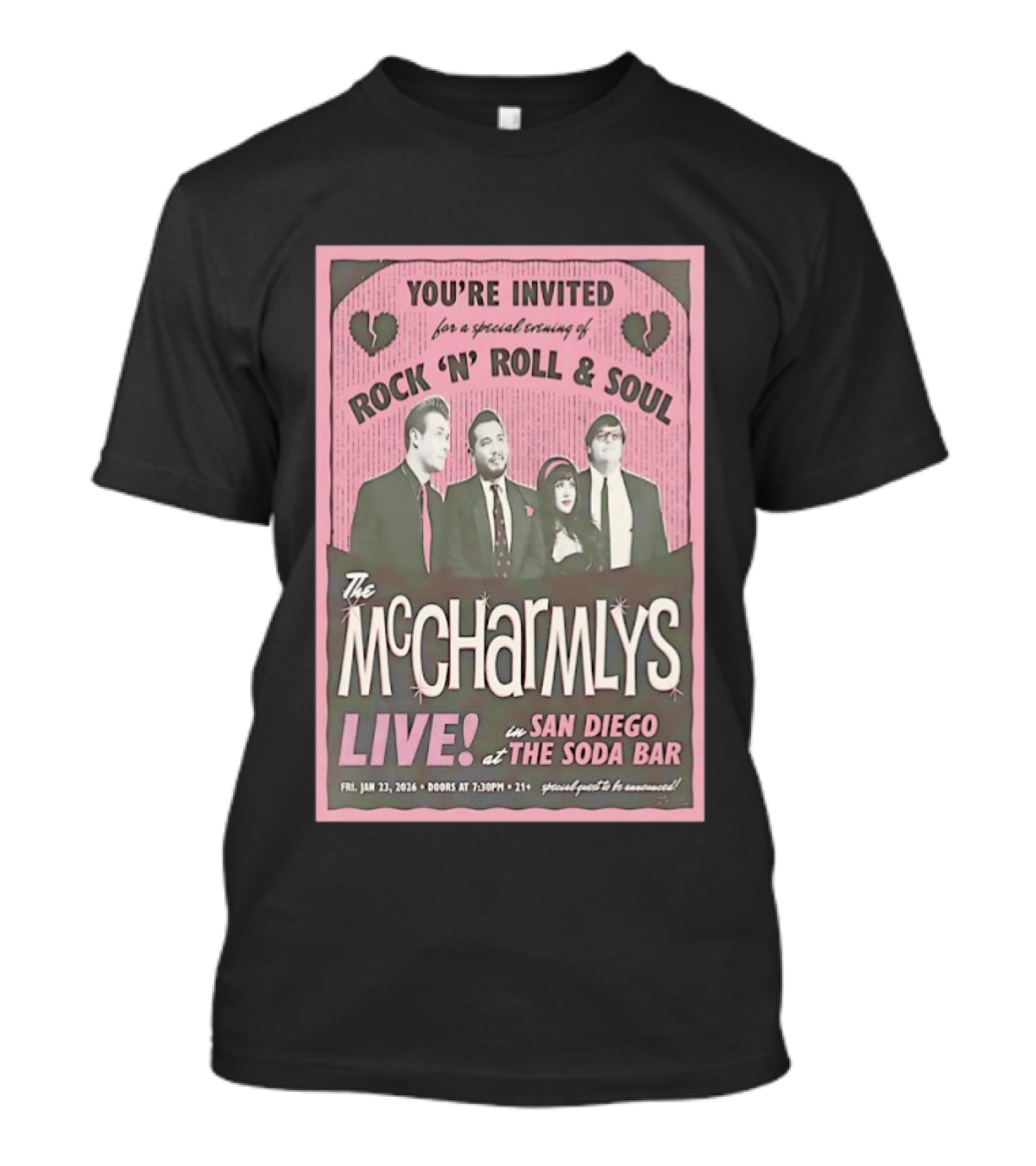 The McCharmlys Live Rock 'N' Roll And Soul San Diego Soda Bar January 23 2026 Event Invitation T-Shirt
