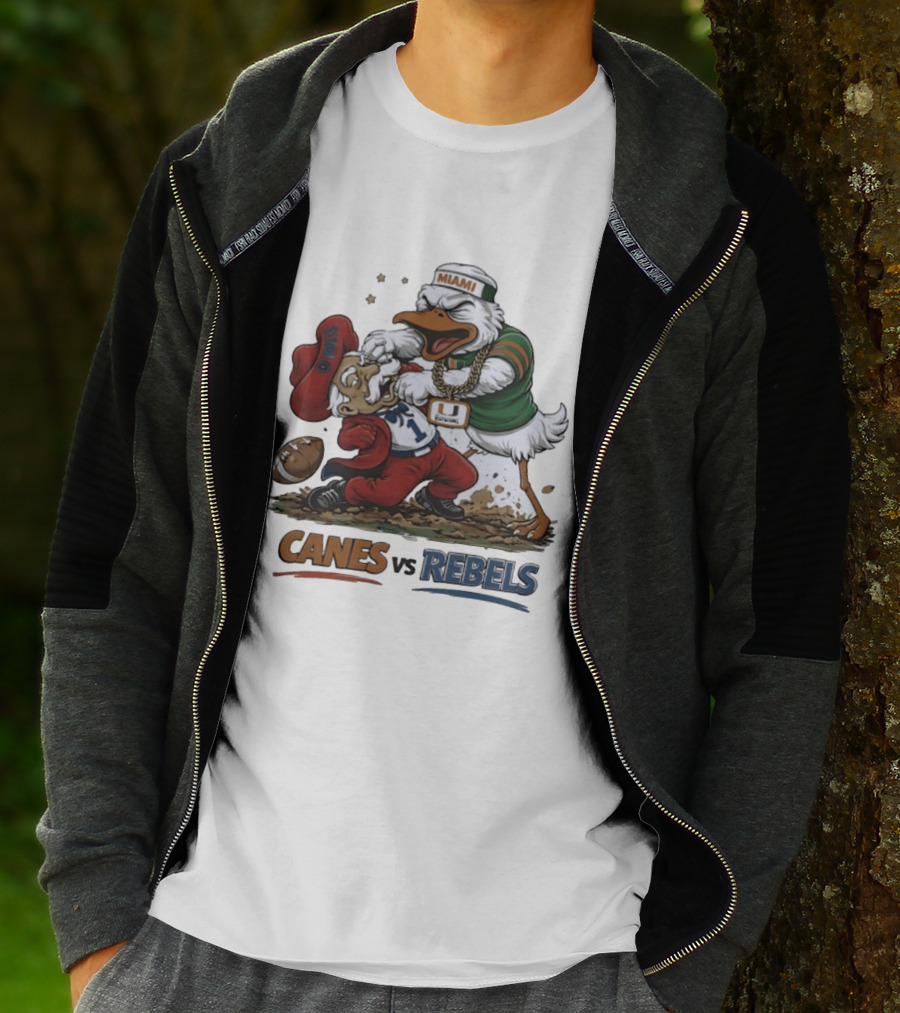 Miami Hurricanes Vs Ole Miss Rebels Mascot Showdown CFP Semifinal Vrbo Fiesta Bowl 2026 T-Shirt