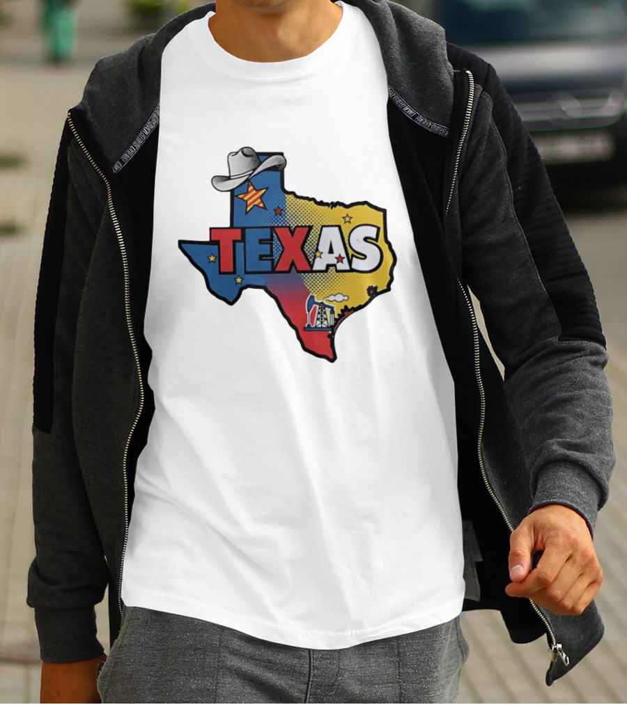 Texas Map Cowboy Hat Star Oil Rig T-Shirt