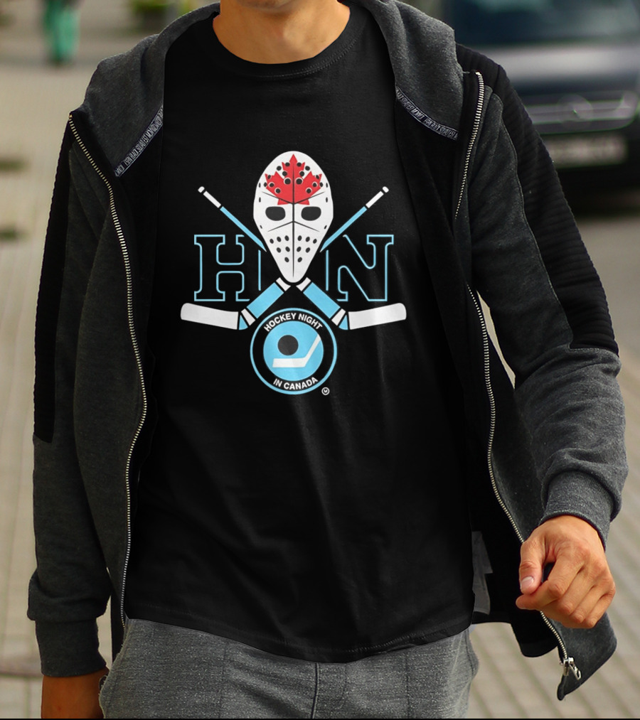 HN Hockey Night Canada Mask Crossed Sticks Maple Leaf Puck T-Shirt