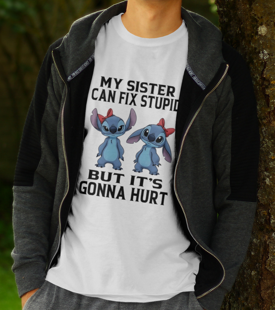 Stitch My Sister Can Fix Stupid But It's Gonna Hurt Red Bow T-Shirt