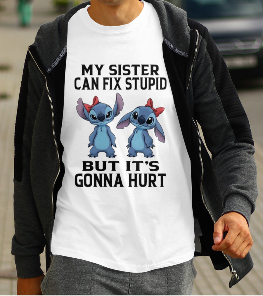 Stitch My Sister Can Fix Stupid But It's Gonna Hurt Red Bow T-Shirt
