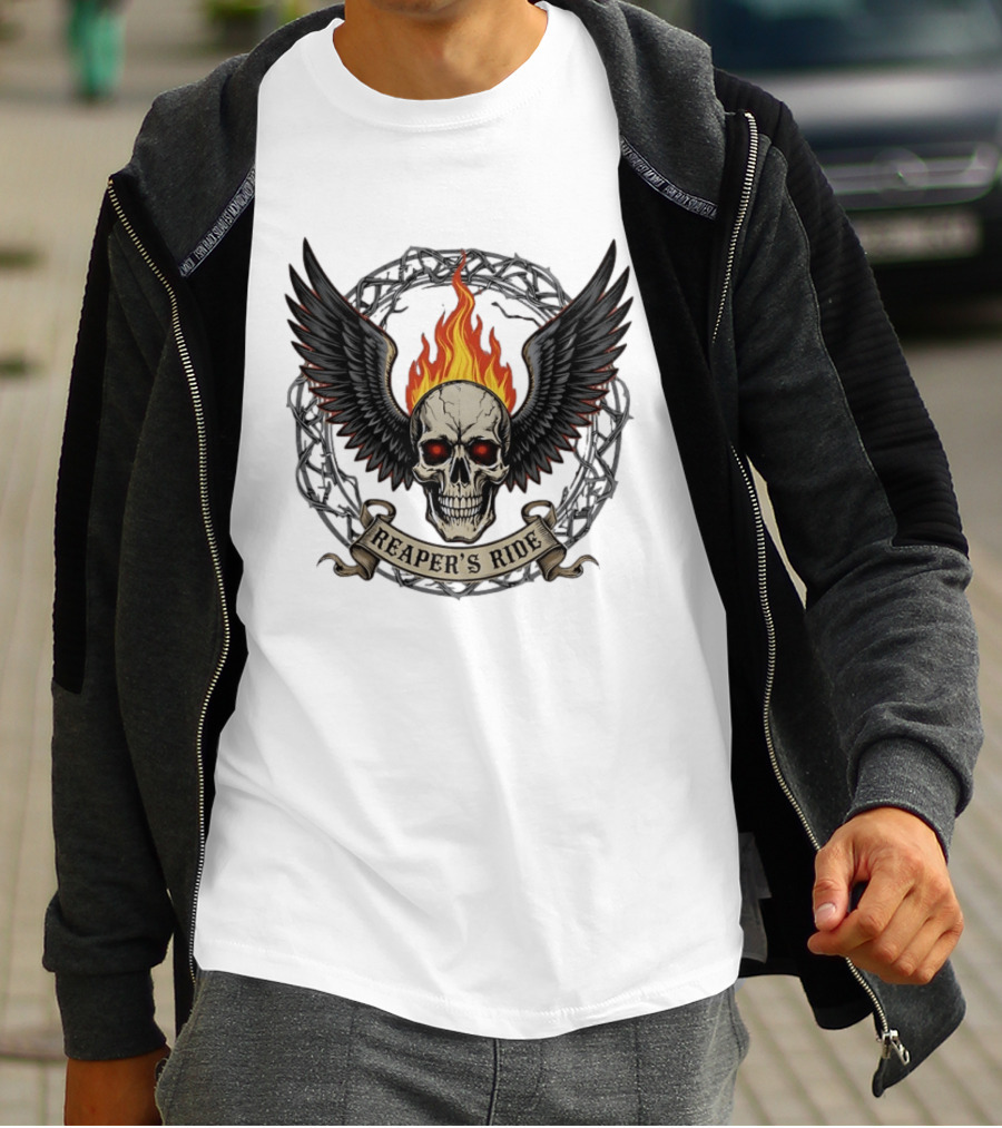 Flaming Skull With Wings Reaper's Ride T-Shirt