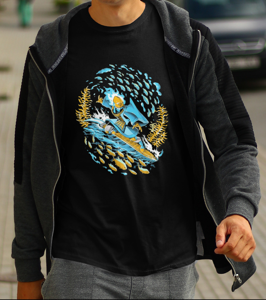 Sword Of The Sea Life Beneath The Waves Golden Samurai Surfer Wave Motion T-Shirt