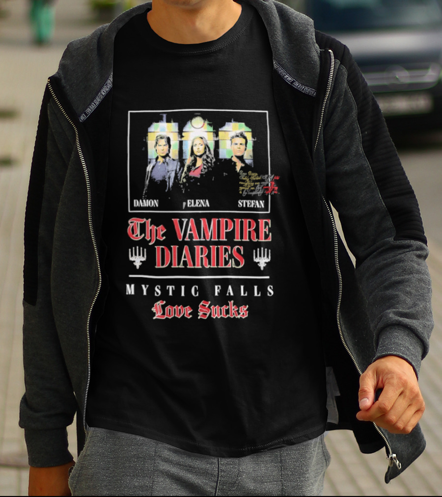 Damon Elena Stefan The Vampire Diaries Mystic Falls Love Sucks T-Shirt
