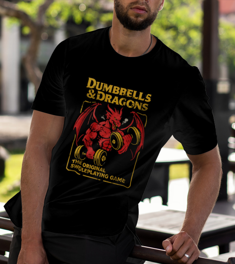 Dumbbells And Dragons The Original Swoleplaying Game Red Dragon Lifting Weights T-Shirt