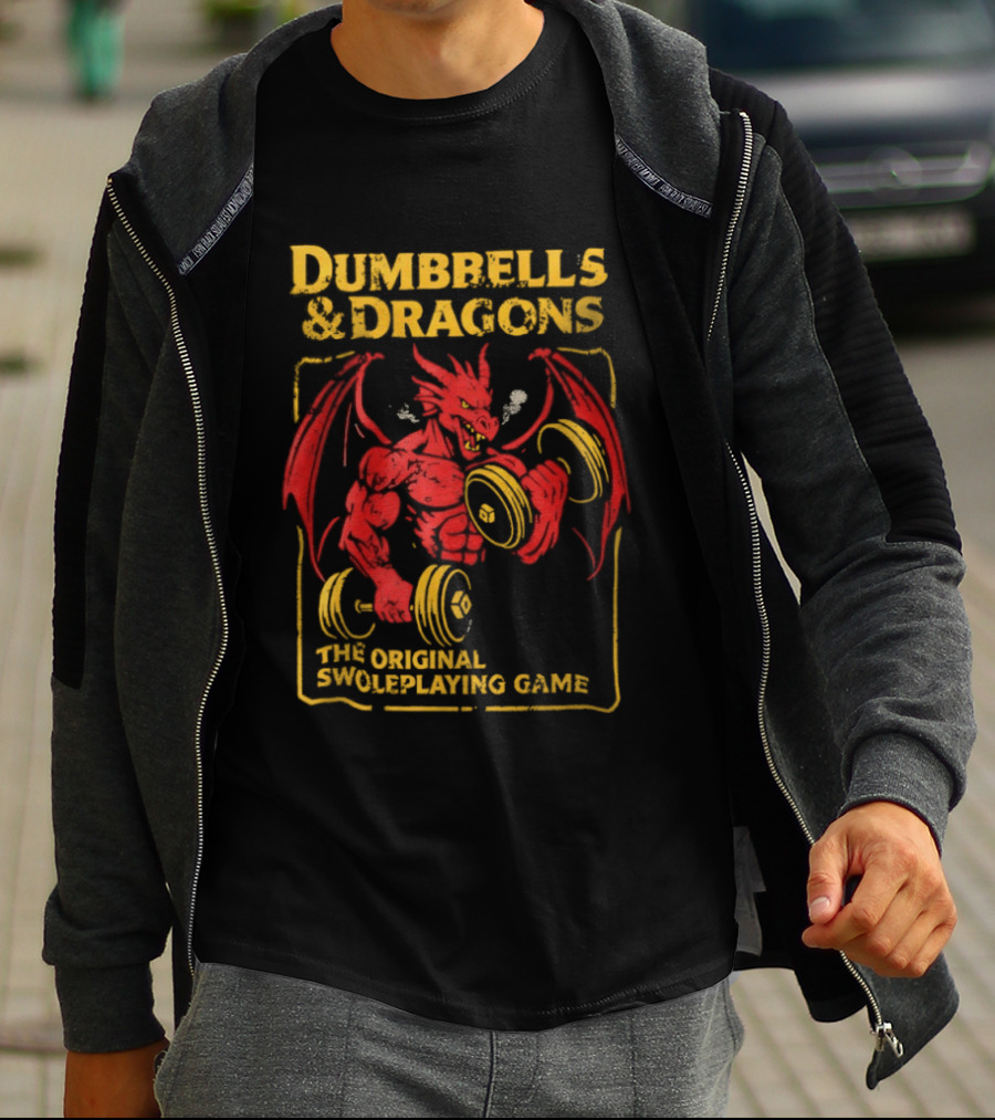 Dumbbells And Dragons The Original Swoleplaying Game Red Dragon Lifting Weights T-Shirt