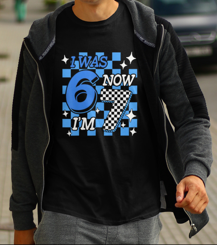 Blue Checkered I Was 6 Now I'm 7 Birthday Boy T-Shirt