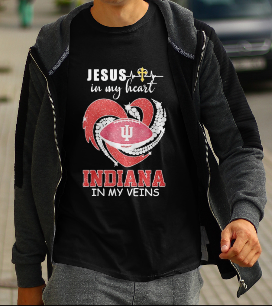 Jesus In My Heart Indiana In My Veins IU Football Heartbeat Cross T-Shirt