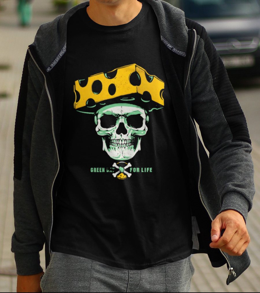 Green Bay Packers For Life Skull Cheesehead T-Shirt