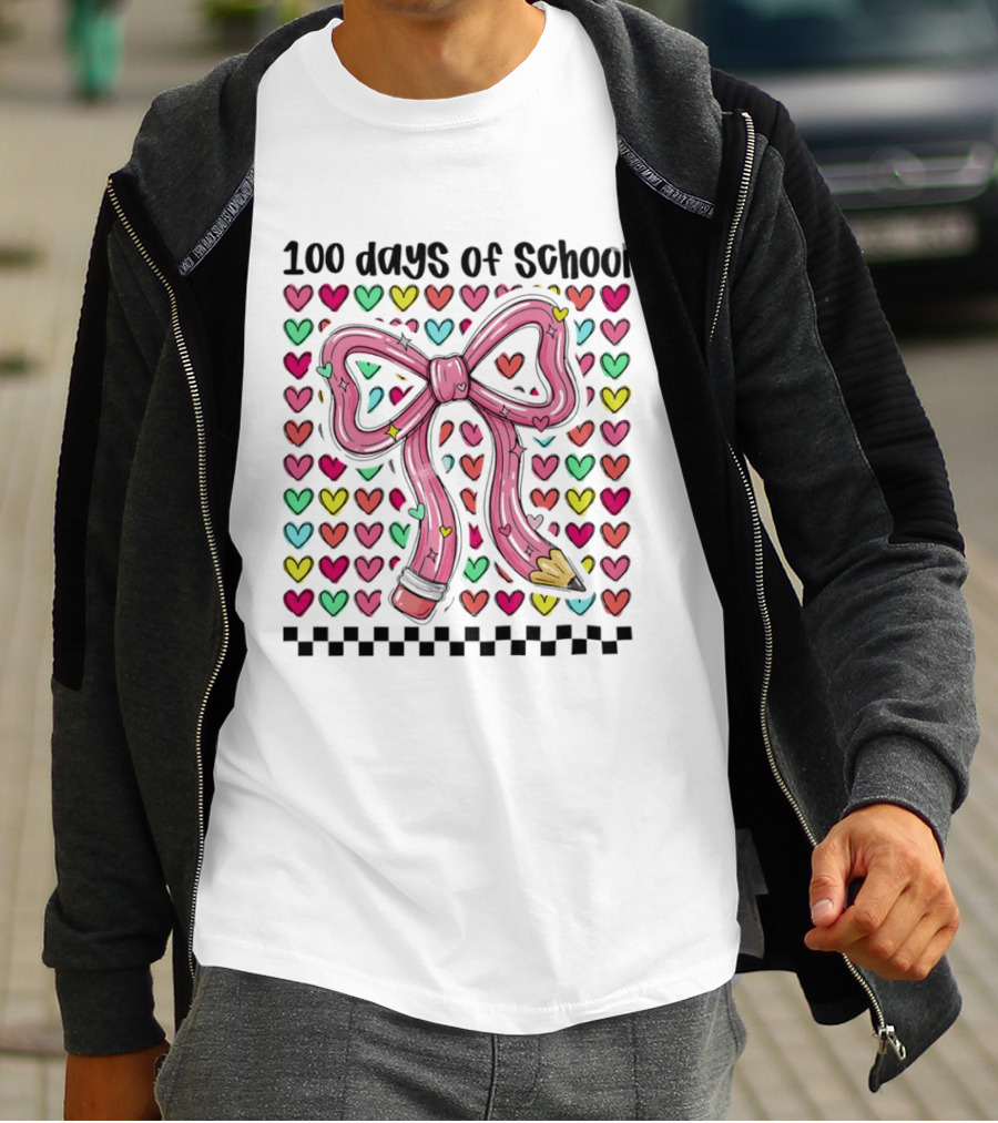100 Days Of School Valentine Coquette Bow Pencil Hearts T-Shirt