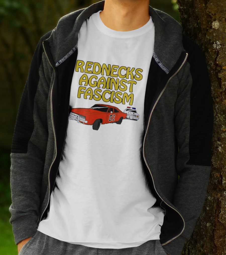 Rednecks Against Fascism Car Cartoon With 01 And Police Chase Scene T-Shirt