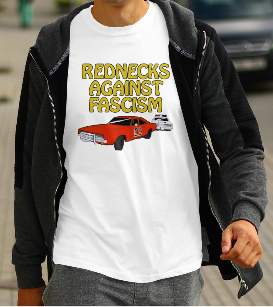 Rednecks Against Fascism Car Cartoon With 01 And Police Chase Scene T-Shirt