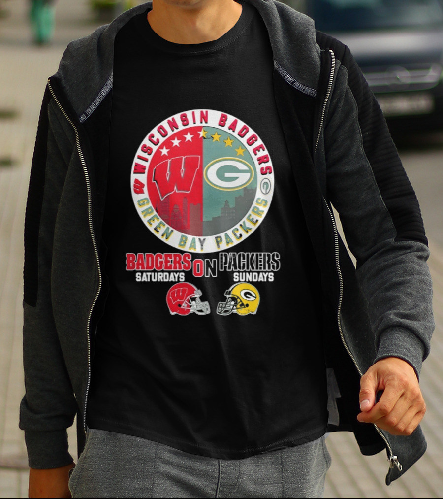 Wisconsin Badgers Green Bay Packers Saturdays Sundays Helmet Mashup T-Shirt